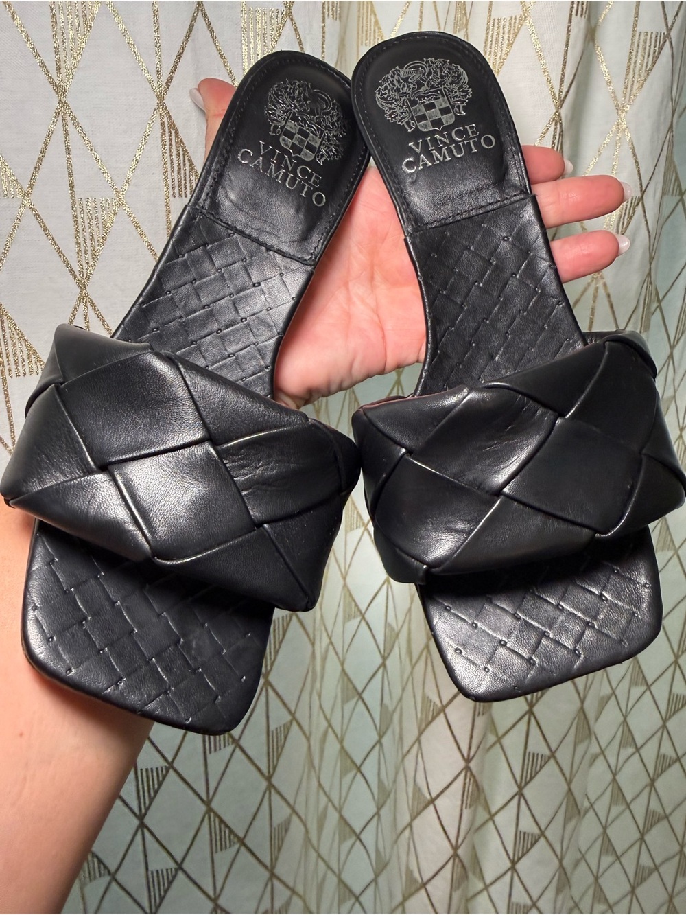 Vince Camuto Black Woven Square-Toe Heeled Mules